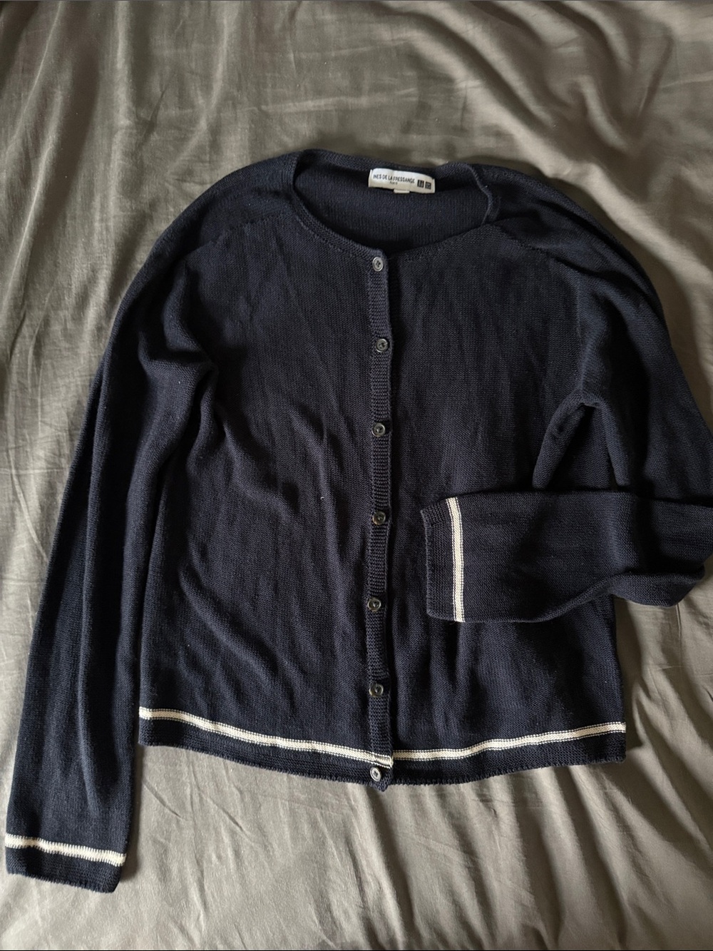 Uniqlo Navy Cardigan with White Stripe Trim